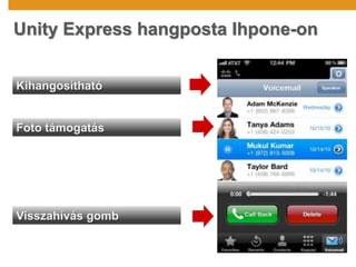Kihangosítható
Foto támogatás
Visszahívás gomb
Unity Express hangposta Ihpone-on
 