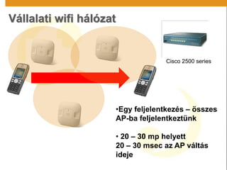 Cisco 2500 series
•Egy feljelentkezés – összes
AP-ba feljelentkeztünk
• 20 – 30 mp helyett
20 – 30 msec az AP váltás
ideje
Vállalati wifi hálózat
 