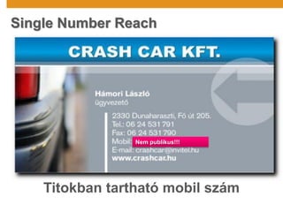 Titokban tartható mobil szám
Single Number Reach
Nem publikus!!!
 