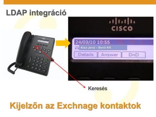 LDAP integráció
Keresés
Kijelzőn az Exchnage kontaktok
Kiss Jenő – Benő Kft.
 
