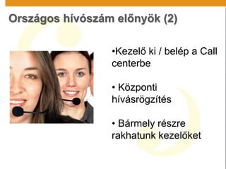 Országos hívószám előnyök (2)
•Kezelő ki / belép a Call
centerbe
• Központi
hívásrögzítés
• Bármely részre
rakhatunk kezelőket
 
