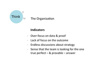 D	
  

Think	
       M	
          The	
  Organiza9on	
  


                           Indicators	
  
                      •    Over-­‐focus	
  on	
  data	
  &	
  proof	
  
                      •    Lack	
  of	
  focus	
  on	
  the	
  outcome	
  
                      •    Endless	
  discussions	
  about	
  strategy	
  
                      •    Sense	
  that	
  the	
  team	
  is	
  looking	
  for	
  the	
  one	
  
                           true	
  perfect	
  –	
  &	
  provable	
  –	
  answer	
  
 