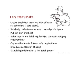 Facilitates	
  Make	
  
•    Create	
  brief	
  with	
  team	
  (via	
  kick-­‐oﬀ	
  with	
  	
  	
  
     stakeholders	
  &	
  core	
  team).	
  
•    Set	
  design	
  milestones,	
  or	
  even	
  overall	
  project	
  plan	
  
•    Publish	
  plan	
  and	
  brief	
  
•    Refer	
  to	
  plan	
  and	
  brief	
  regularly	
  (to	
  counter	
  changing	
  
     requirements)	
  
•    Capture	
  the	
  tenets	
  &	
  keep	
  referring	
  to	
  them	
  
•    Introduce	
  concept	
  of	
  phasing	
  
•    Establish	
  guidelines	
  for	
  a	
  ‘research	
  project’	
  
                                                                          Illustra9on:	
  Brandon	
  Baselice	
  
 
