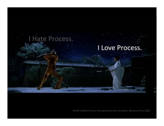 I	
  Hate	
  Process.	
  
                                                         I	
  Love	
  Process.	
  




                       Kill	
  Bill.	
  Mo9on	
  Picture.	
  Directed	
  by	
  Quen9n	
  Taran9no.	
  Miramax	
  Films,	
  2003.	
  
 
