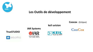 Les Outils de développement
Coocox : (Eclipse)
keil uvision
IAR Systems
TrueSTUDIO
 