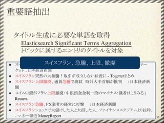 重要語抽出
タイトル生成に必要な単語を取得
Elasticsearch Significant Terms Aggregation
トピックに属するエントリのタイトルを対象
35
● スイス中銀、スイスフラン高抑制の無制限介入終了　：主要金融ニュース ：マー
ケット ：日本経済新聞
● スイスフラン突然の大暴騰！取引が成立しない状況に - Togetterまとめ
● スイスフラン上限撤廃、通貨急騰で波紋　時計大手首脳が批判　　：日本経済新
聞
● スイス中銀がフラン上限撤廃・中銀預金金利一段のマイナス：識者はこうみる |
Reuters
● スイスフラン急騰、ＦＸ業者の経営に打撃　　：日本経済新聞
● スイスフランショックで大儲けした人と大損した人。ファイナンススタジアムより抜粋。
- マネー報道 MoneyReport
スイスフラン、急騰、上限、撤廃
 