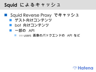 Squid  によるキャッシュ Squid Reverse Proxy でキャッシュ ゲスト向けコンテンツ bot 向けコンテンツ 一部の API ○○ users 画像のバックエンドの API など 