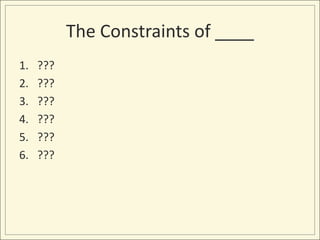 The Constraints of ____
1.   ???
2.   ???
3.   ???
4.   ???
5.   ???
6.   ???
 