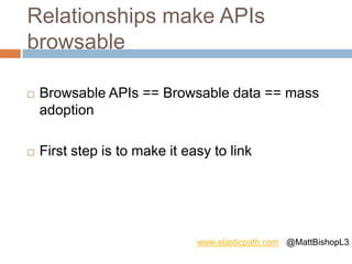 Relationships make APIs
browsable
 Browsable APIs == Browsable data == mass
adoption
 First step is to make it easy to link
www.elasticpath.com @MattBishopL3
 