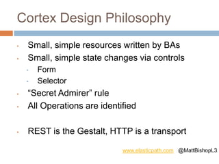 Cortex Design Philosophy
• Small, simple resources written by BAs
• Small, simple state changes via controls
• Form
• Selector
• “Secret Admirer” rule
• All Operations are identified
• REST is the Gestalt, HTTP is a transport
www.elasticpath.com @MattBishopL3
 