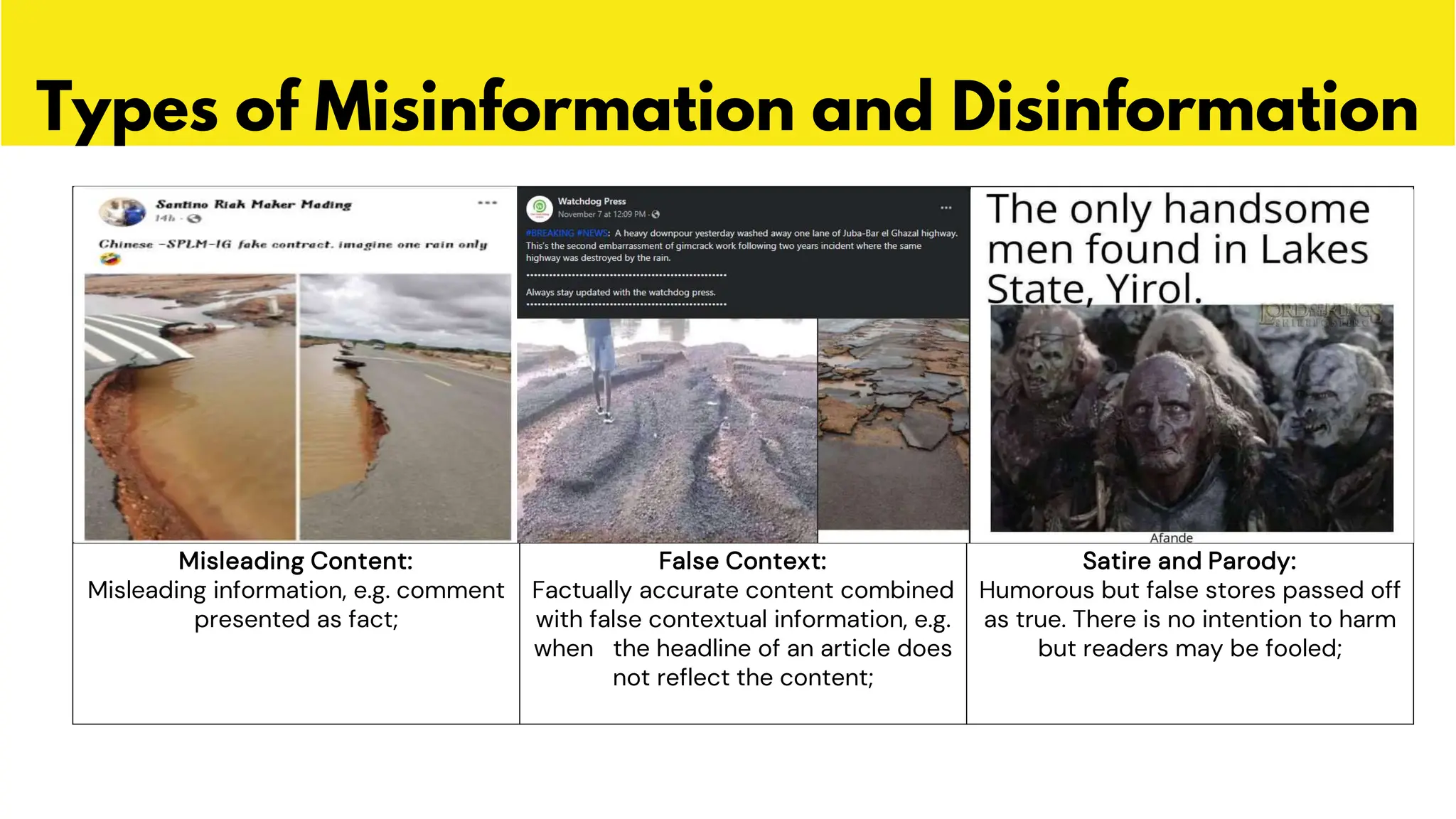 Types of Misinformation and Disinformation
Misleading Content:
Misleading information, e.g. comment
presented as fact;
False Context:
Factually accurate content combined
with false contextual information, e.g.
when the headline of an article does
not reflect the content;
Satire and Parody:
Humorous but false stores passed off
as true. There is no intention to harm
but readers may be fooled;
 