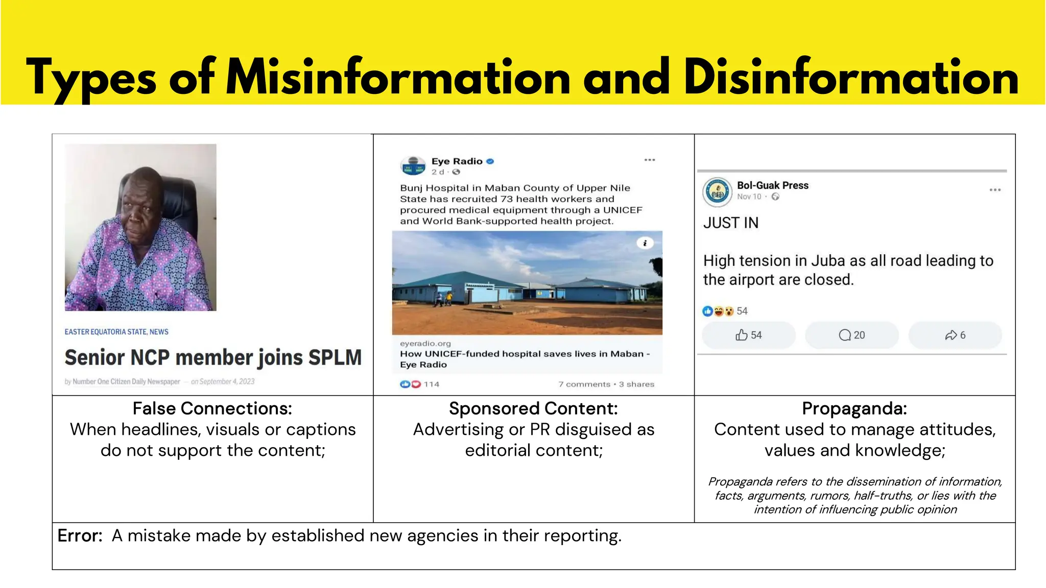 Types of Misinformation and Disinformation
False Connections:
When headlines, visuals or captions
do not support the content;
Sponsored Content:
Advertising or PR disguised as
editorial content;
Propaganda:
Content used to manage attitudes,
values and knowledge;
Propaganda refers to the dissemination of information,
facts, arguments, rumors, half-truths, or lies with the
intention of influencing public opinion
Error: A mistake made by established new agencies in their reporting.
 