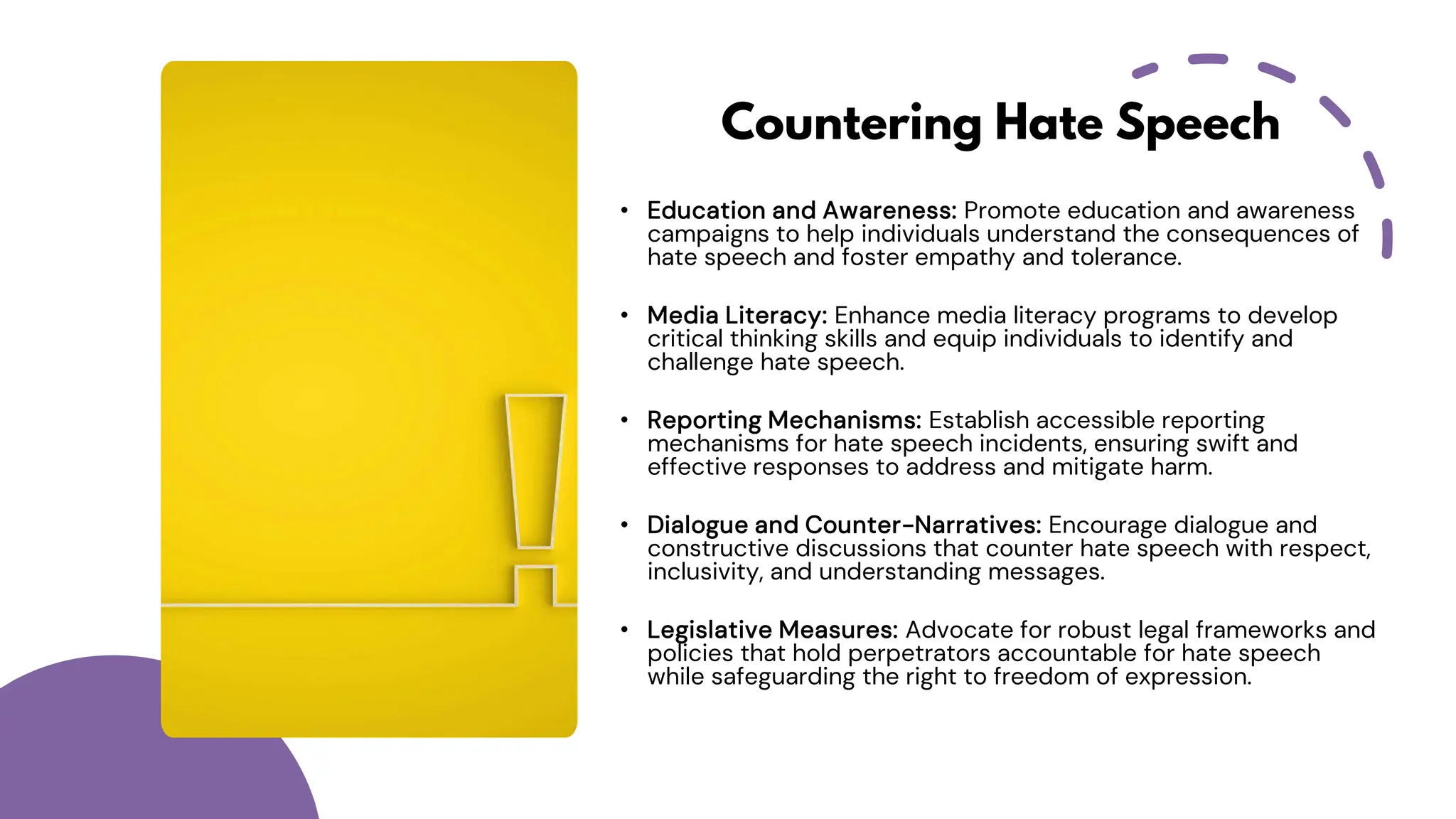 Countering Hate Speech
• Education and Awareness: Promote education and awareness
campaigns to help individuals understand the consequences of
hate speech and foster empathy and tolerance.
• Media Literacy: Enhance media literacy programs to develop
critical thinking skills and equip individuals to identify and
challenge hate speech.
• Reporting Mechanisms: Establish accessible reporting
mechanisms for hate speech incidents, ensuring swift and
effective responses to address and mitigate harm.
• Dialogue and Counter-Narratives: Encourage dialogue and
constructive discussions that counter hate speech with respect,
inclusivity, and understanding messages.
• Legislative Measures: Advocate for robust legal frameworks and
policies that hold perpetrators accountable for hate speech
while safeguarding the right to freedom of expression.
 