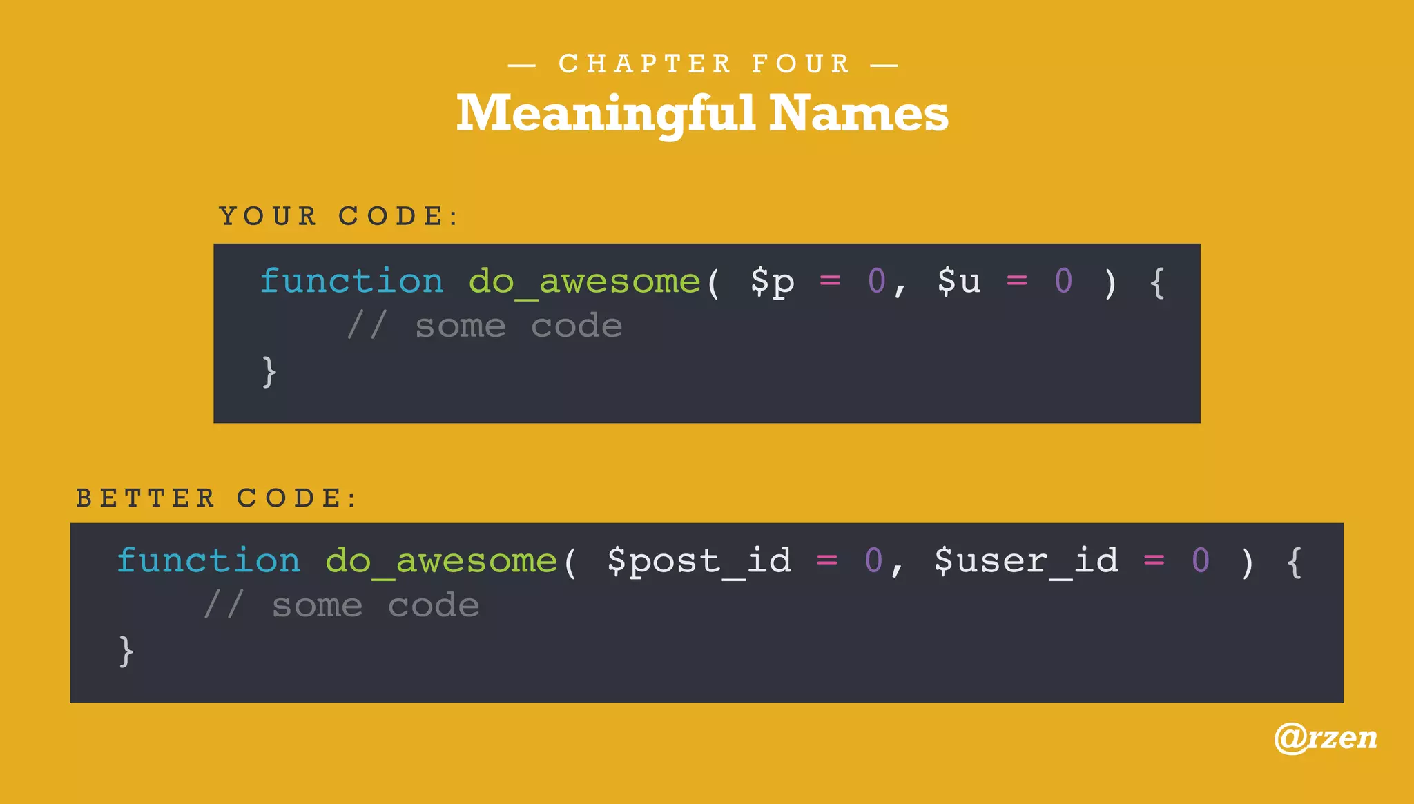 — C H A P T E R F I V E —
Functions should do one thing,
they should do it well,
they should do it only.
@rzen
 