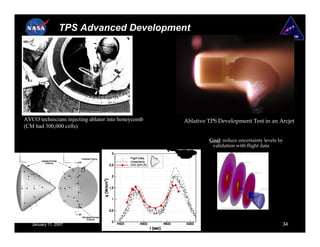 TPS Advanced Development




AVCO technicians injecting ablator into honeycomb   Ablative TPS Development Test in an Arcjet
(CM had 300,000 cells)

                                                             Goal: reduce uncertainty levels by
                                                              validation with flight data




   January 11, 2007                                                                           34
 