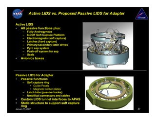 Active LIDS vs. Proposed Passive LIDS for Adapter

Active LIDS
• All passive functions plus:
       –    Fully Androgynous
       –    6-DOF Soft Capture Platform
       –    Electromagnets (soft capture)
       –    Latches (hard capture)
       –    Primary/secondary latch drives
       –    Pyro sep system
       –    Push-off system for sep
       –    Seals
•    Avionics boxes




Passive LIDS for Adapter
• Passive functions
       –    Soft capture ring
              • Guide Petals
              • Magnetic striker plates
       –    Latch tabs (passive hooks)
       –    Umbilical connectors and cables
•    Custom LIDS tunnel interfaces to APAS
•    Static structure to support soft capture
     ring
January 11, 2007                                                 37
 