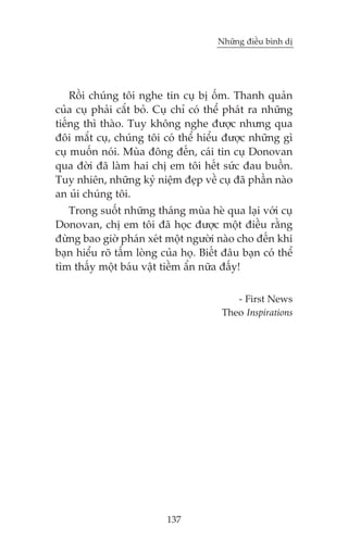 Nhûäng àiïìu bònh dõ

Röìi chuáng töi nghe tin cuå bõ öëm. Thanh quaãn
cuãa cuå phaãi cùæt boã. Cuå chó coá thïí phaát ra nhûäng
tiïëng thò thaâo. Tuy khöng nghe àûúåc nhûng qua
àöi mùæt cuå, chuáng töi coá thïí hiïíu àûúåc nhûäng gò
cuå muöën noái. Muâa àöng àïën, caái tin cuå Donovan
qua àúâi àaä laâm hai chõ em töi hïët sûác àau buöìn.
Tuy nhiïn, nhûäng kyã niïåm àeåp vïì cuå àaä phêìn naâo
an uãi chuáng töi.
Trong suöët nhûäng thaáng muâa heâ qua laåi vúái cuå
Donovan, chõ em töi àaä hoåc àûúåc möåt àiïìu rùçng
àûâng bao giúâ phaán xeát möåt ngûúâi naâo cho àïën khi
baån hiïíu roä têëm loâng cuãa hoå. Biïët àêu baån coá thïí
tòm thêëy möåt baáu vêåt tiïìm êín nûäa àêëy!
- First News
Theo Inspirations

137

 
