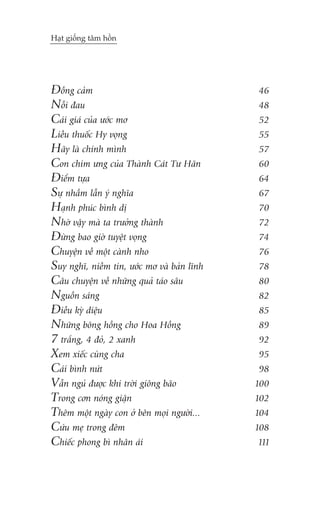 Haåt giöëng têm höìn

Àöìng caãm
Nöîi àau
Caái giaá cuãa ûúác mú
Liïìu thuöëc Hy voång
Haäy laâ chñnh mònh
Con chim ûng cuãa Thaânh Caát Tû Haän
Àiïím tûåa
Sûå nhêìm lêîn yá nghôa
Haånh phuác bònh dõ
Nhúâ vêåy maâ ta trûúãng thaânh
Àûâng bao giúâ tuyïåt voång
Chuyïån vïì möåt caânh nho
Suy nghô, niïìm tin, ûúác mú vaâ baãn lônh
Cêu chuyïån vïì nhûäng quaã taáo sêu
Nguöìn saáng
Àiïìu kyâ diïåu
Nhûäng böng höìng cho Hoa Höìng
7 trùæng, 4 àoã, 2 xanh
Xem xiïëc cuâng cha
Caái bònh nûát
Vêîn nguã àûúåc khi trúâi giöng baäo
Trong cún noáng giêån
Thïm möåt ngaây con úã bïn moåi ngûúâi...
Cûáu meå trong àïm
Chiïëc phong bò nhên aái

46
48
52
55
57
60
64
67
70
72
74
76
78
80
82
85
89
92
95
98
100
102
104
108
111

 