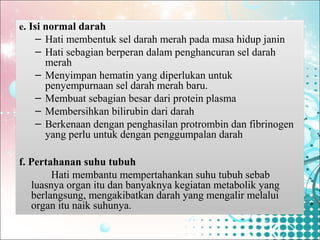 e. Isi normal darah

– Hati membentuk sel darah merah pada masa hidup janin
– Hati sebagian berperan dalam penghancuran sel darah
merah
– Menyimpan hematin yang diperlukan untuk
penyempurnaan sel darah merah baru.
– Membuat sebagian besar dari protein plasma
– Membersihkan bilirubin dari darah
– Berkenaan dengan penghasilan protrombin dan fibrinogen
yang perlu untuk dengan penggumpalan darah
f. Pertahanan suhu tubuh
Hati membantu mempertahankan suhu tubuh sebab
luasnya organ itu dan banyaknya kegiatan metabolik yang
berlangsung, mengakibatkan darah yang mengalir melalui
organ itu naik suhunya.

 