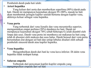 Pembuluh darah pada hati ialah:
• Arteri hepatika
Yang keluar dari aorta dan memberikan seperlima (80%) darah pada
hati. Darah ini mempunyai kejenuhan oksigen 95-100%, masuk ke hati
akan membentuk jaringan kapiler setelah bertemu dengan kapiler vena,
akhirnya keluar sebagai vena hepatika.
• Vena porta
Yang terbentuk dari vena lienalis dan vena mesenterika superior,
memgantarkan empat perlima (20%) darahnya ke hati. Darah ini
mempunyai kejenuhan oksigen 70% sebab beberapa O2 telah diambil oleh
limpa dan usus. Darah vena porta ini membawa zat makanan ke hati yang
telah di absorpsi oleh mukosa dan usus halus. Darah berasal dari vena porta
bersentuhan erat dengan sel hati dan setiap lobulus disaluri oleh sebuah
pembuluh sinusoid darah atau kapiler hepatika.
• Vena hepatika
Mengembalikan darah dari hati ke vena kava inferior. Di dalm vena
hepatika tidak terdapat katup.
• Saluran empedu
Terbentuk dari penyatuan kapiler-kapiler empedu yang
mengumpulkan empedu dari sel hati

 