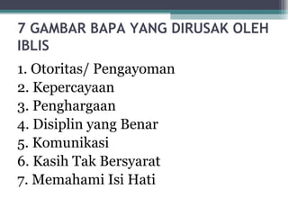 7 GAMBAR BAPA YANG DIRUSAK OLEH
IBLIS
1. Otoritas/ Pengayoman
2. Kepercayaan
3. Penghargaan
4. Disiplin yang Benar
5. Komunikasi
6. Kasih Tak Bersyarat
7. Memahami Isi Hati
 