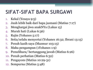 SIFAT-SIFAT BAPA SURGAWI
1. Kekal (Yesaya 9:5)
2. Jauh lebih baik dari bapa jasmani (Matius 7:17)
3. Menghargai jiwa anakNYa (Lukas 15)
4. Murah hati (Lukas 6:36)
5. Rajin (Yohanes 5:17)
6. Setia/selalu menyertai (Yohanes 16:32; Ibrani 13:15)
7. Penuh kasih saya (Mazmur 103:13)
8. Maha pengampun (1Yohanes 1:9)
9. Pemelihara/ bertanggung jawab (Matius 6:26)
10. Penuh perhatian (Matius 6:32)
11. Pengayom (Matius 10:29-31)
12. Sempurna (Matius 5:48)
 