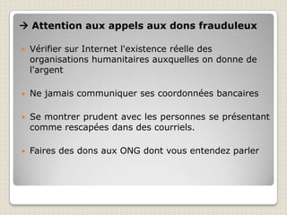  Les réseaux sociaux: TwitterPremière plateforme à proposer des informations sur Haïti peu après le séisme Aide à la recherche de survivants et à la coordination des actions de sauvetage par les organismes humanitaires. Sollicitation par les artistes à faire des dons (not. Wyclef Jean) Lien vers d’autres sites qui se mobilisent pour la cause