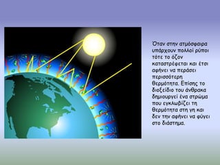 Όταν στην ατμόσφαιρα
υπάρχουν πολλοί ρύποι
τότε το όζον
καταστρέφεται και έτσι
αφήνει να περάσει
περισσότερη
θερμότητα. Επίσης το
διοξείδιο του άνθρακα
δημιουργεί ένα στρώμα
που εγκλωβίζει τη
θερμότητα στη γη και
δεν την αφήνει να φύγει
στο διάστημα.
 