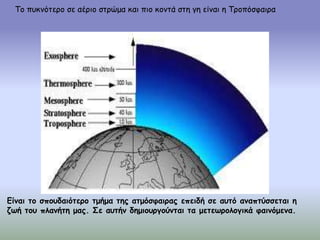Το πυκνότερο σε αέριο στρώμα και πιο κοντά στη γη είναι η Τροπόσφαιρα
Είναι το σπουδαιότερο τμήμα της ατμόσφαιρας επειδή σε αυτό αναπτύσσεται η
ζωή του πλανήτη μας. Σε αυτήν δημιουργούνται τα μετεωρολογικά φαινόμενα.
 