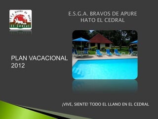 PLAN VACACIONAL
2012




             ¡VIVE, SIENTE! TODO EL LLANO EN EL CEDRAL
 