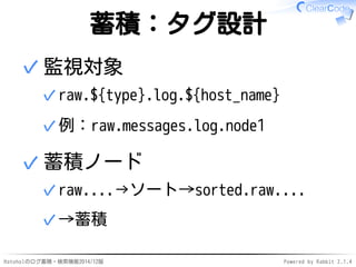 蓄積：タグ設計 
監視対象 
raw.${type}.✓ log.${host_name} 
✓例：raw.messages.log.node1 
✓ 
蓄積ノード 
✓raw....→ソート→sorted.raw.... 
✓→蓄積 
✓ 
...