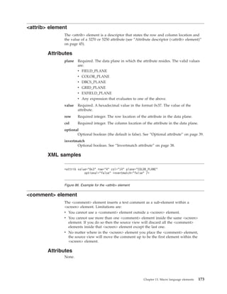 <attrib> element
The <attrib> element is a descriptor that states the row and column location and
the value of a 3270 or 5250 attribute (see “Attribute descriptor (<attrib> element)”
on page 45).
Attributes
plane Required. The data plane in which the attribute resides. The valid values
are:
v FIELD_PLANE
v COLOR_PLANE
v DBCS_PLANE
v GRID_PLANE
v EXFIELD_PLANE
v Any expression that evaluates to one of the above.
value Required. A hexadecimal value in the format 0x37. The value of the
attribute.
row Required integer. The row location of the attribute in the data plane.
col Required integer. The column location of the attribute in the data plane.
optional
Optional boolean (the default is false). See “Optional attribute” on page 39.
invertmatch
Optional boolean. See “Invertmatch attribute” on page 38.
XML samples
<comment> element
The <comment> element inserts a text comment as a sub-element within a
<screen> element. Limitations are:
v You cannot use a <comment> element outside a <screen> element.
v You cannot use more than one <comment> element inside the same <screen>
element. If you do so then the source view will discard all the <comment>
elements inside that <screen> element except the last one.
v No matter where in the <screen> element you place the <comment> element,
the source view will move the comment up to be the first element within the
<screen> element.
Attributes
None.
<attrib value="0x3" row="4" col="14" plane="COLOR_PLANE"
optional="false" invertmatch="false" />
Figure 86. Example for the <attrib> element
Chapter 13. Macro language elements 173
 