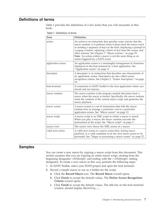 Definitions of terms
Table 1 provides the definitions of a few terms that you will encounter in this
book.
Table 1. Definitions of terms
Term Definition
action An action is an instruction that specifies some activity that the
macro runtime is to perform when it plays back the macro (such
as sending a sequence of keys to the host, displaying a prompt in
a popup window, capturing a block of text from the screen, and
other actions). See Chapter 7, “Macro actions,” on page 55.
Note: An action within a macro is not the same thing as an
action triggered by a HATS event.
application screen An application screen is a meaningful arrangement of characters
displayed on the host terminal by a host application. See
“Application screen” on page 11.
descriptor A descriptor is an instruction that describes one characteristic of
an application screen. Descriptors are also called screen
recognition criteria. See Chapter 5, “Screen description,” on page
35.
host terminal A connection in HATS Toolkit to the host application where you
record and run macros.
macro runtime The macro runtime is the program module that plays back a
macro when the macro is started. Specifically, the macro runtime
reads the contents of the current macro script and generates the
macro playback.
macro screen A macro screen is a set of instructions that tells the macro
runtime how to manage a particular visit to a particular
application screen. See “Macro screen” on page 12.
macro script A macro script is an XML script in which a macro is stored.
When you play a macro, the macro runtime executes the
instructions in the script. See “Macro script” on page 9.
source view The source view shows the XML source of a macro.
valid next screen A valid next screen is a macro screen that, during macro
playback, is a valid candidate to be the next macro screen to be
processed. See “Stages in processing a macro screen” on page 27.
Samples
You can create a new macro by copying a macro script from this document. This
section assumes that you are copying an entire macro script, starting from the
beginning designator <HAScript> and ending with the </HAScript> ending
designator. To create a new macro in this way, perform the following steps:
1. In HATS Toolkit, select your HATS project and open the host terminal.
2. Record a simple macro to use as a holder for the script:
a. Click the Record Macro icon. The Record Macro wizard opens.
b. Click Finish to accept the default values. The Define Screen Recognition
Criteria wizard opens.
c. Click Finish to accept the default values. The title bar on the host terminal
window should display Recording....
Chapter 1. Introducing advanced macros 7
 