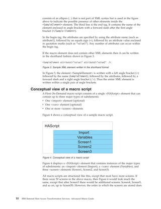 consists of an ellipsis (...) that is not part of XML syntax but is used in the figure
above to indicate the possible presence of other elements inside the
<SampleElement> element. The third line is the end tag. It contains the name of the
element enclosed in angle brackets with a forward slash after the first angle
bracket (</Sample Element>).
In the begin tag, the attributes are specified by using the attribute name (such as
attribute1), followed by an equals sign (=), followed by an attribute value enclosed
in quotation marks (such as "value1"). Any number of attributes can occur within
the begin tag.
If the macro element does not contain other XML elements then it can be written
in the shorthand fashion shown in Figure 3:
In Figure 3, the element <SampleElement> is written with a left angle bracket (<)
followed by the name (SampleElement), followed by the attributes, followed by a
forward slash and a right angle bracket (/>). Thus the entire XML element is
written within a single pair of angle brackets.
Conceptual view of a macro script
A Host On-Demand macro script consists of a single <HAScript> element that can
contain up to three major types of subelements:
v One <import> element (optional)
v One <vars> element (optional)
v One or more <screen> elements
Figure 4 shows a conceptual view of a sample macro script.
Figure 4 displays a <HAScript> element that contains instances of the major types
of subelements: an <import> element (Import), a <vars> element (Variables), and
three <screen> elements (Screen1, Screen2, and Screen3).
All macro scripts are structured like this, except that most have more screens. If
there were 50 screens in the above macro, then Figure 4 would look much the
same, except that after Screen3 there would be additional screens: Screen4, Screen5,
and so on, up to Screen50. However, the order in which the screens are stored does
<SampleElement attribute1="value1" attribute2="value2" />
Figure 3. Sample XML element written in the shorthand format
Figure 4. Conceptual view of a macro script
10 IBM Rational Host Access Transformation Services: Advanced Macro Guide
 