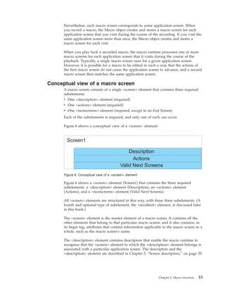 Nevertheless, each macro screen corresponds to some application screen. When
you record a macro, the Macro object creates and stores a macro screen for each
application screen that you visit during the course of the recording. If you visit the
same application screen more than once, the Macro object creates and stores a
macro screen for each visit.
When you play back a recorded macro, the macro runtime processes one or more
macro screens for each application screen that it visits during the course of the
playback. Typically, a single macro screen runs for a given application screen.
However, it is possible for a macro to be edited in such a way that the actions of
the first macro screen do not cause the application screen to advance, and a second
macro screen then matches the same application screen.
Conceptual view of a macro screen
A macro screen consists of a single <screen> element that contains three required
subelements:
v One <description> element (required)
v One <actions> element (required)
v One <nextscreens> element (required, except in an Exit Screen)
Each of the subelements is required, and only one of each can occur.
Figure 6 shows a conceptual view of a <screen> element:
Figure 6 shows a <screen> element (Screen1) that contains the three required
subelements: a <description> element (Description), an <actions> element
(Actions), and a <nextscreens> element (Valid Next Screens).
All <screen> elements are structured in this way, with these three subelements. (A
fourth and optional type of subelement, the <recolimit> element, is discussed later
in this book.)
The <screen> element is the master element of a macro screen. It contains all the
other elements that belong to that particular macro screen, and it also contains, in
its begin tag, attributes that contain information applicable to the macro screen as a
whole, such as the macro screen's name.
The <description> element contains descriptors that enable the macro runtime to
recognize that the <screen> element to which the <description> element belongs is
associated with a particular application screen. The descriptors and the
<description> element are described in Chapter 5, “Screen description,” on page 35.
Figure 6. Conceptual view of a <screen> element
Chapter 2. Macro structure 13
 