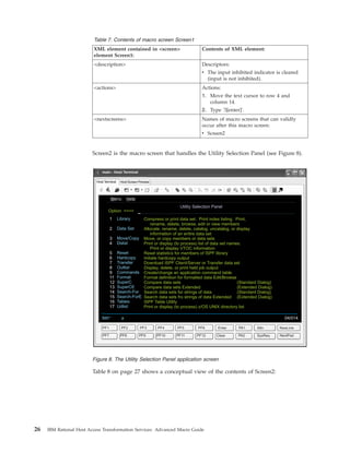 Table 7. Contents of macro screen Screen1
XML element contained in <screen>
element Screen1:
Contents of XML element:
<description> Descriptors:
v The input inhibited indicator is cleared
(input is not inhibited).
<actions> Actions:
1. Move the text cursor to row 4 and
column 14.
2. Type '3[enter]'.
<nextscreens> Names of macro screens that can validly
occur after this macro screen:
v Screen2
Screen2 is the macro screen that handles the Utility Selection Panel (see Figure 8).
Table 8 on page 27 shows a conceptual view of the contents of Screen2:
Fi E V C A Hle dit iew ommunication ctions elp
Host Terminal Host Screen Preview
main - Host Terminal
PF1 PF2 PF3 PF4 PF5 PF6 Enter PA1 Attn NewLine
PF7 PF8 PF9 PF10 PF11 PF12 Clear PA2 SysReq NextPad
M Henu elp
Option ===>
1
2
3
4
5
6
7
8
9
11
12
13
14
15
16
17
Library
Data Set
Move/Copy
Dslist
Reset
Hardcopy
Transfer
Outlist
Commands
Format
SuperC
SuperCE
Search-For
Search-ForE
Tables
Udlist
Compress or print data set. Print index listing. Print,
rename, delete, browse, edit or view members
Allocate, rename, delete, catalog, uncatalog, or display
information of an entire data set
Move, or copy members or data sets
Print or display (to process) list of data set names.
Print or display VTOC information
Reset statistics for members of ISPF library
Initiate hardcopy output
Download ISPF Client/Server or Transfer data set
Display, delete, or print held job output
Create/change an application command table
Format definition for formatted data Edit/Browse
Compare data sets
Compare data sets Extended
Search data sets for strings of data
Search data sets fro strings of data Extended
ISPF Table Utility
Print or display (to process) z/OS UNIX directory list
Utility Selection Panel
M Henu elp
(Standard Dialog)
(Extended Dialog)
(Standard Dialog)
(Extended Dialog)
MA* a 04/014
Figure 8. The Utility Selection Panel application screen
26 IBM Rational Host Access Transformation Services: Advanced Macro Guide
 