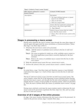 Table 8. Contents of macro screen Screen2
XML element contained in <screen>
element Screen2:
Contents of XML element:
<description> Descriptors:
v The input inhibited indicator is cleared
(input is not inhibited).
v There are 80 fields.
v There are 3 input fields.
<actions> Actions (the host application positions the
text cursor in the correct input field):
1. Type '4[enter]'.
<nextscreens> Names of macro screens that can validly
occur after this macro screen:
v (None. This is the last macro screen in the
macro.)
Stages in processing a macro screen
During macro playback the macro runtime loops through the same three stages of
activity again and again until the macro terminates, as summarized below. Notice
that stage 1 has three steps within it.
1. Determine the next macro screen to be processed.
Step a. Add the names of candidate macro screens to the list of valid next
screens.
Step b. Do screen recognition to match one of the candidate macro screens to
the actual application screen that is currently displayed in the host
terminal .
Step c. Remove the names of candidate macro screens from the list of valid
next screens.
2. Make the selected macro screen the new current macro screen.
3. Perform the actions in the new current macro screen's <actions> element.
Stage 1
As noted above, stage 1 has three steps and, therefore, requires a more detailed
explanation than stages 2 or 3. Each of these steps involves the list of valid next
screens.
The list of valid next screens is just a list that can hold macro screen names. The
macro runtime creates this list at the beginning of macro playback (before playing
back the first macro screen), and discards this list after macro playback is complete.
Initially the list is empty (except possibly for transient screens, which are described
in “How the macro runtime selects the names of candidate macro screens” on page
29).
During macro playback, each time the macro runtime needs to determine the next
macro screen to be processed, it performs the three steps 1(a), 1(b), and 1(c) using
the list of valid next screens.
Overview of all 3 stages of the entire process
In stage 1 the macro runtime determines the next macro screen to be processed. As
stated in the previous section, stage 1 includes three steps.
Chapter 4. How the macro runtime processes a macro screen 27
 