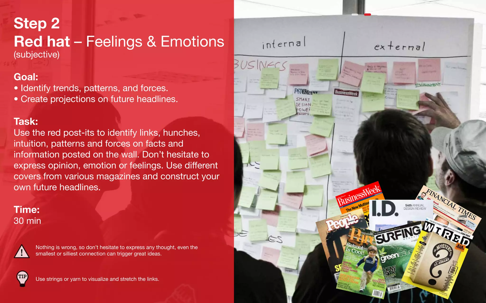 Step 2
Red hat – Feelings & Emotions
(subjective)

Goal:
• Identify trends, patterns, and forces.
• Create projections on future headlines.

Task:
Use the red post-its to identify links, hunches,
intuition, patterns and forces on facts and
information posted on the wall. Don’t hesitate to
express opinion, emotion or feelings. Use different
covers from various magazines and construct your
own future headlines.

Time:
30 min

       Nothing is wrong, so don’t hesitate to express any thought, even the
       smallest or silliest connection can trigger great ideas.



 TIP   Use strings or yarn to visualize and stretch the links.
 