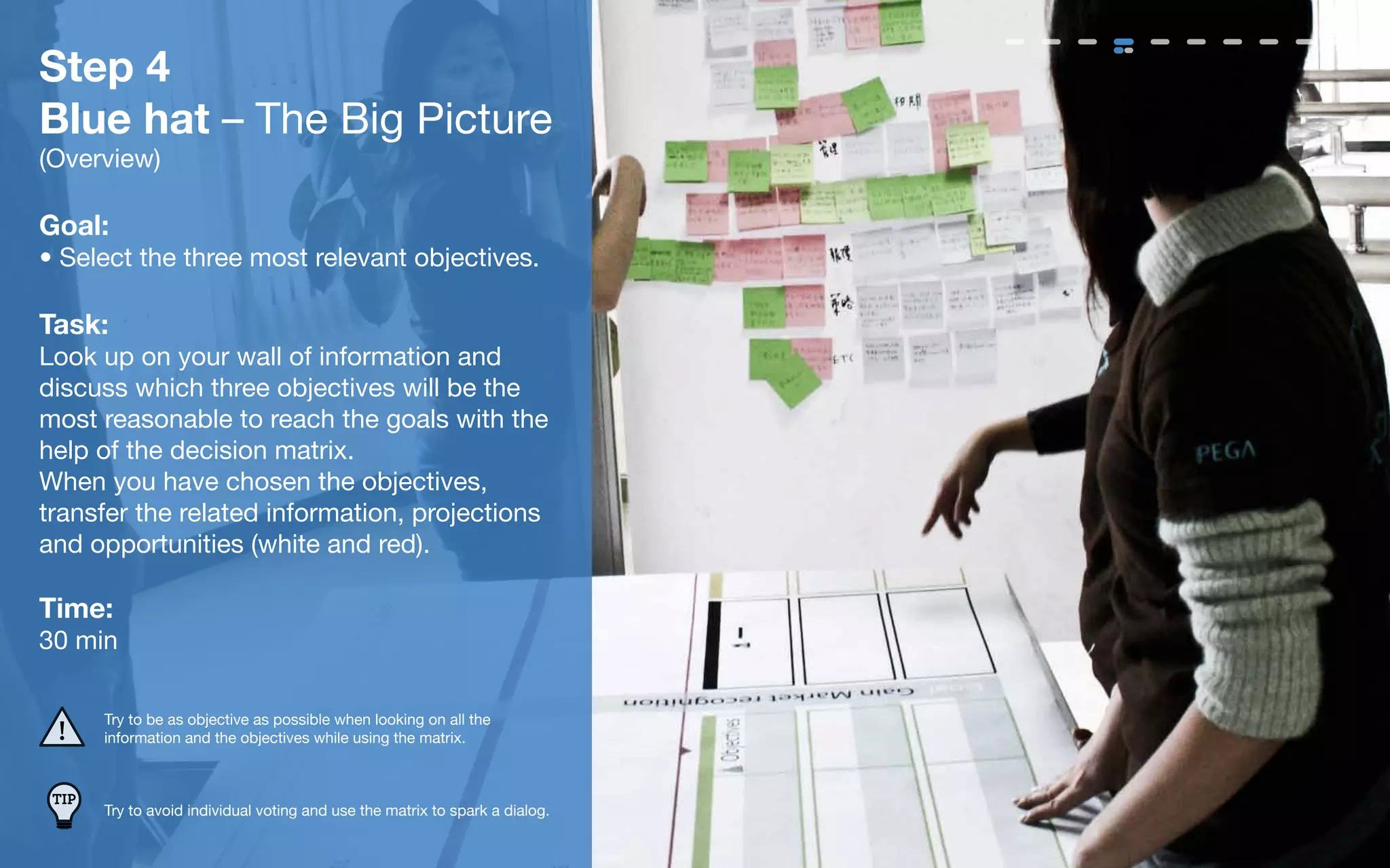 Step 4
Blue hat – The Big Picture
(Overview)

Goal:
• Select the three most relevant objectives.

Task:
Look up on your wall of information and
discuss which three objectives will be the
most reasonable to reach the goals with the
help of the decision matrix.
When you have chosen the objectives,
transfer the related information, projections
and opportunities (white and red).

Time:
30 min

       Try to be as objective as possible when looking on all the
       information and the objectives while using the matrix.



 TIP
       Try to avoid individual voting and use the matrix to spark a dialog.
 