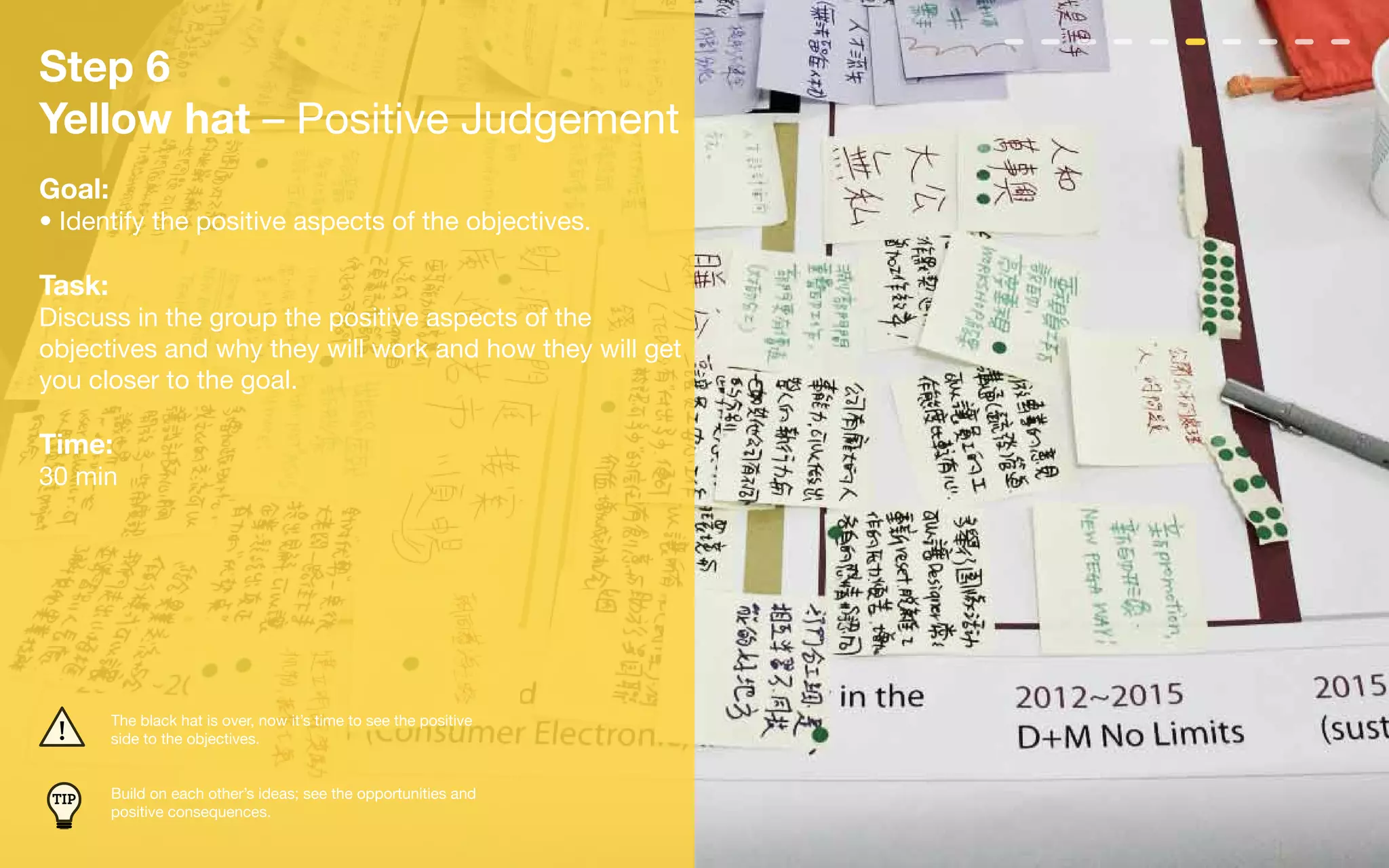 Step 6
Yellow hat – Positive Judgement
Goal:
• Identify the positive aspects of the objectives.

Task:
Discuss in the group the positive aspects of the
objectives and why they will work and how they will get
you closer to the goal.

Time:
30 min




        The black hat is over, now it’s time to see the positive
        side to the objectives.


 TIP    Build on each other’s ideas; see the opportunities and
        positive consequences.
 
