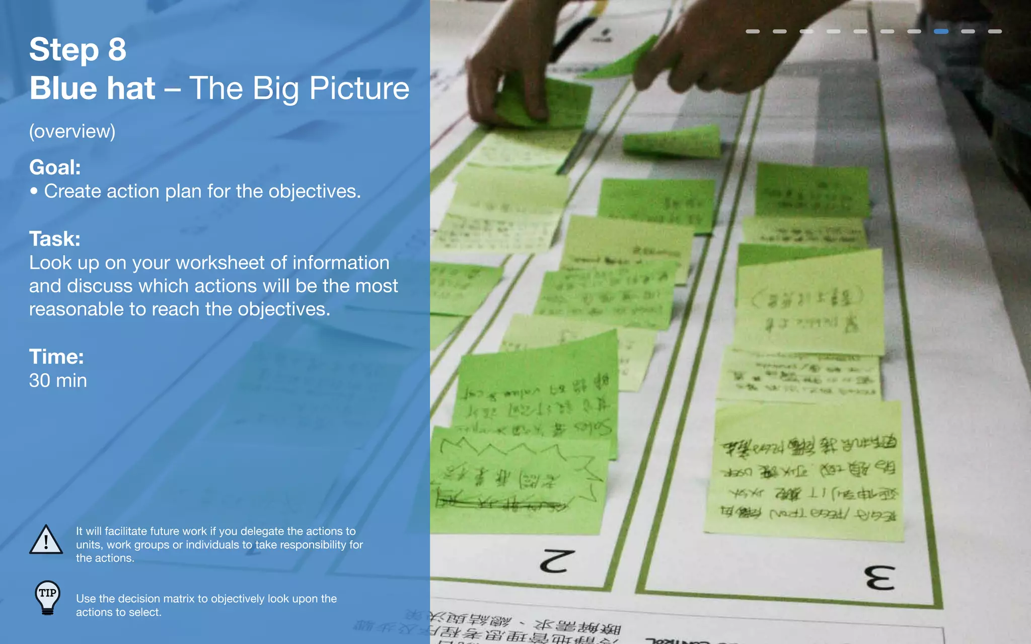 Step 8
Blue hat – The Big Picture
(overview)
Goal:
• Create action plan for the objectives.

Task:
Look up on your worksheet of information
and discuss which actions will be the most
reasonable to reach the objectives.

Time:
30 min




       It will facilitate future work if you delegate the actions to
       units, work groups or individuals to take responsibility for
       the actions.


 TIP
       Use the decision matrix to objectively look upon the
       actions to select.
 