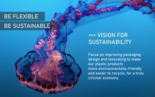 >>> VISION FOR
SUSTAINABILITY
Focus on improving packaging
design and innovating to make
our plastic products
more environmentally-friendly
and easier to recycle, for a truly
circular economy.
BE FLEXIBLE
BE SUSTAINABLE
 