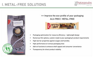 I. METAL-FREE SOLUTIONS
▪ Packaging optimization for resource efficiency – lightweight design
▪ Numerous film options, custom-made to your packaging & product requirements
▪ High-barrier properties against oxygen and humidity
▪ High-performance at various packaging lines
▪ Add-on functions to enhance shelf-appeal and consumer convenience
▪ Transparency for direct product visibility
>>> Improve the eco-profile of your packaging:
ALU-FREE | METAL-FREE
 