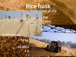 Rice husk
             1 bowl = 1000 grains of rice
                  1 bowl per day
                x 365 days per year
          = 365,000 grains of rice per year

                    365,000 grains of rice
Rice husk mountain!
                     36,500 grains per kg
                 = 10 kg per year per person
            13,000,000 people in Manila
                 x 10 kg per person
                  = 130,000,000 kg
 