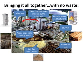 Bringing it all together…with no waste!
                      Electricity and Steam
     Paper Mill          are used by the
                            Paper Mill        Biomass power
                                              and heat plant



                                                       Saw mill

      Wood chips from
       forestry waste



                                                      Harvested
                                                        Logs
                    Saw dust
                  from sawmill
 