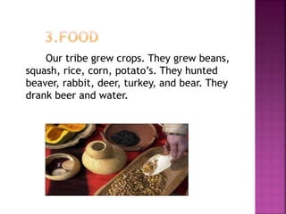 Our tribe grew crops. They grew beans,
squash, rice, corn, potato’s. They hunted
beaver, rabbit, deer, turkey, and bear. They
drank beer and water.
 