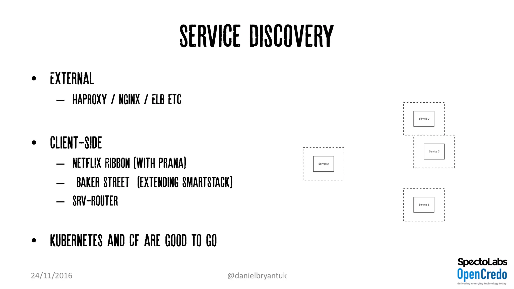 Service Discovery
• External
– HAProxy / nginx / ELB etc
• Client-side
– Netflix Ribbon (with Prana)
– ‘Baker Street’ (extending SmartStack)
– srv-router
• Kubernetes and CF are good to go
24/11/2016 @danielbryantuk
 