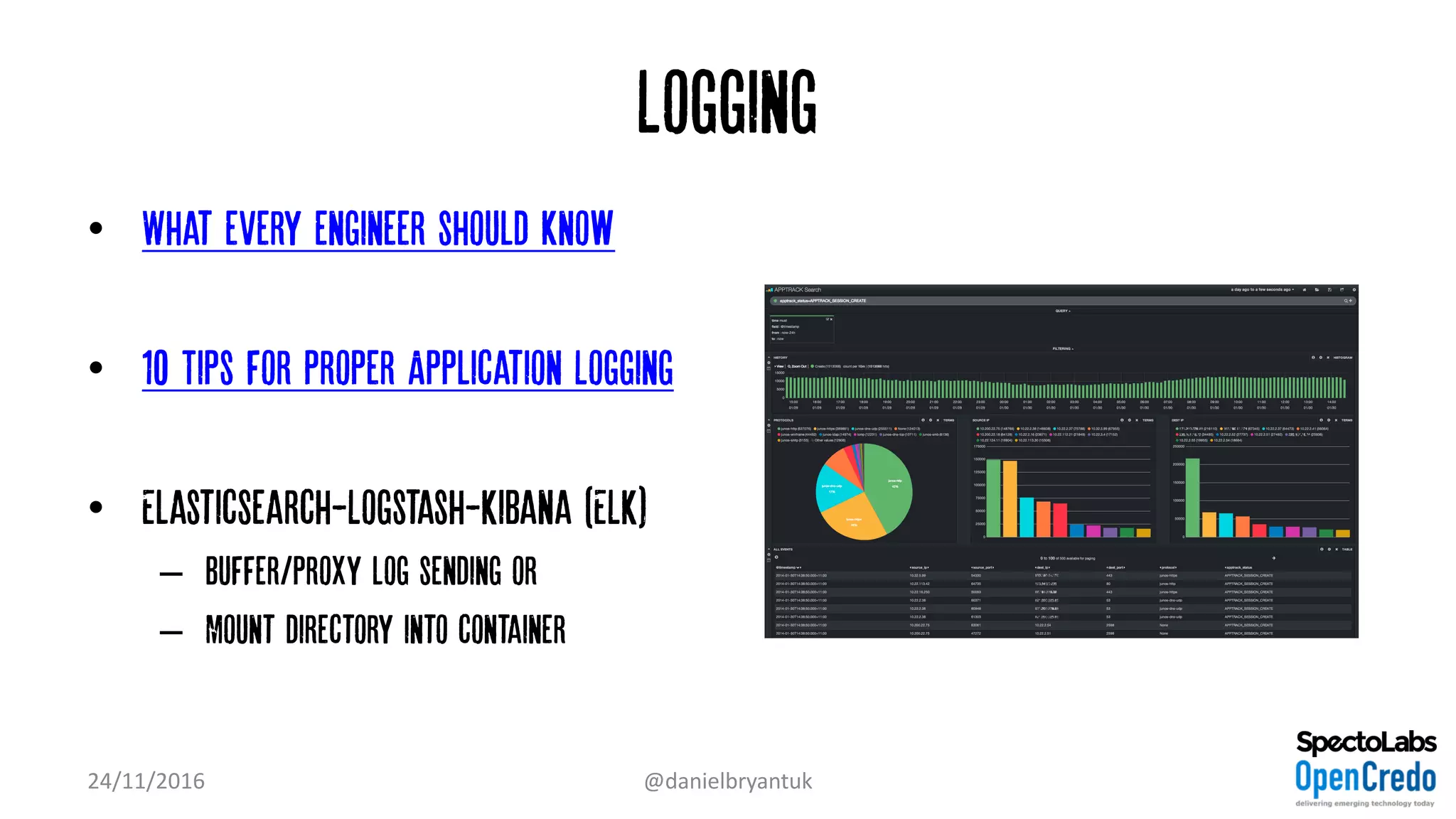 Logging
• What every engineer should know
• 10 Tips for Proper Application Logging
• ElasticSearch-Logstash-Kibana (ELK)
– Buffer/proxy log sending or…
– Mount directory into container
24/11/2016 @danielbryantuk
 