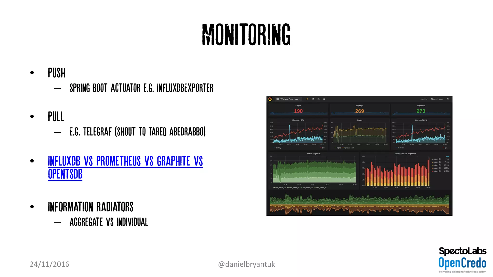 Monitoring
• Push
– Spring Boot actuator e.g. InfluxDbExporter
• Pull
– E.g. Telegraf (shout to Tareq Abedrabbo)
• InfluxDB vs prometheus vs graphite vs
opentsdb
• Information radiators
– Aggregate vs individual
24/11/2016 @danielbryantuk
 