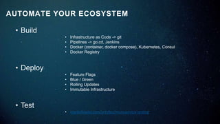 AUTOMATE YOUR ECOSYSTEM
• Build
• Infrastructure as Code -> git
• Pipelines -> go.cd, Jenkins
• Docker (container, docker compose), Kubernetes, Consul
• Docker Registry
• Deploy
• Feature Flags
• Blue / Green
• Rolling Updates
• Immutable Infrastructure
• Test
• martinfowler.com/articles/microservice-testing
 